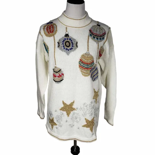 Discover Dana Scott size Large White Gold Holiday Ugly Christmas Knit Sweater