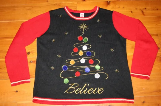 Holiday Time UGLY CHRISTMAS SWEATER Tree Ornaments BELIEVE Black XL NICE