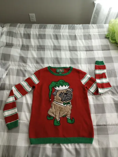 Women's Ugly Christmas Sweater Pug Candy Stripe Small
