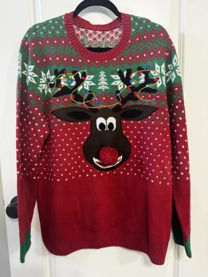 Discover Ugly Christmas Sweater Women's Red Reindeer Knit Crew Neck Size XL No Tag