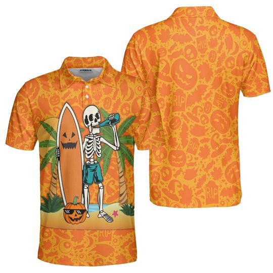 Halloween Polo Shirt, Skeleton Surfing Pumpkin Print, Fun Beach Shirt, RIP Surfboard Design, Spooky Fall Vacation Tee
