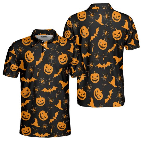 Halloween Polo Shirt, Black Orange Pumpkin Bat Spider Pattern Polo, Spooky All Over Print