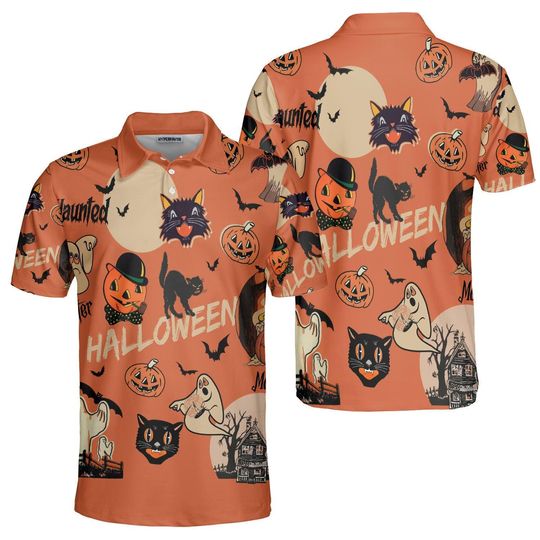 Retro Orange Print with Pumpkin Ghost Cat Bat Halloween Polo Shirt