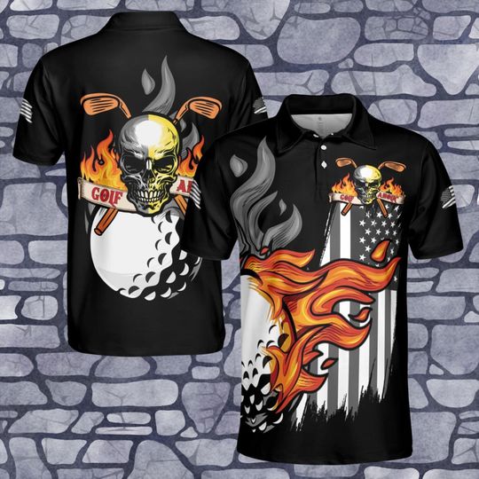 Dark Skull Golfer Golf Aholic On Fire Men's Polo Shirt