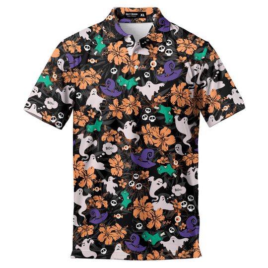 Halloween Polo Shirt Men Vintage Floral Halloween Shirt  Pumpkin Face Skull Shirt