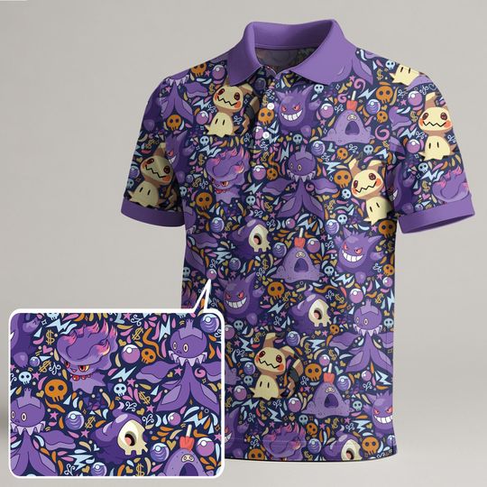 Gengar and Mimikyu Polo Shirt, Spooky Kawaii Ghost Pattern Tee