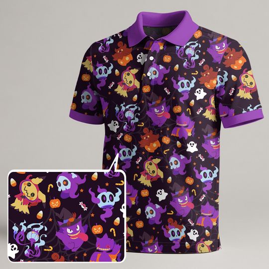 Gengar Mimikyu Polo Shirt, Unisex Halloween Ghost Pattern Polo