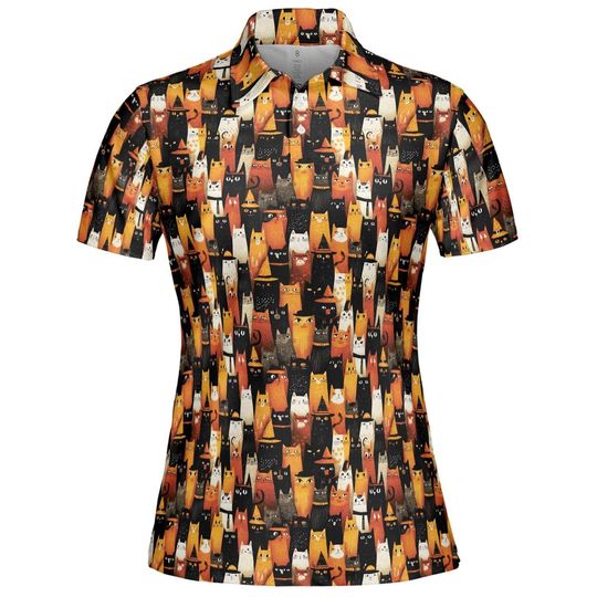 Halloween Cat Polo Shirt: Witchy Orange & Black Golf Top