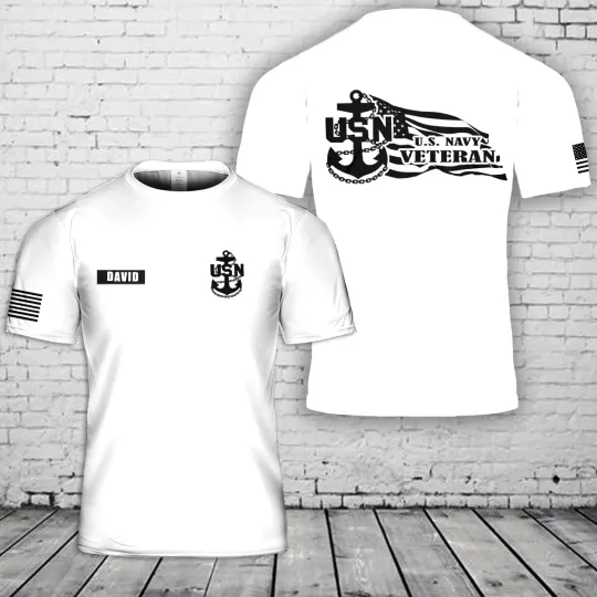 Custom Name US Navy Chief Anchor Veteran with American Flag 3D T-Shirt