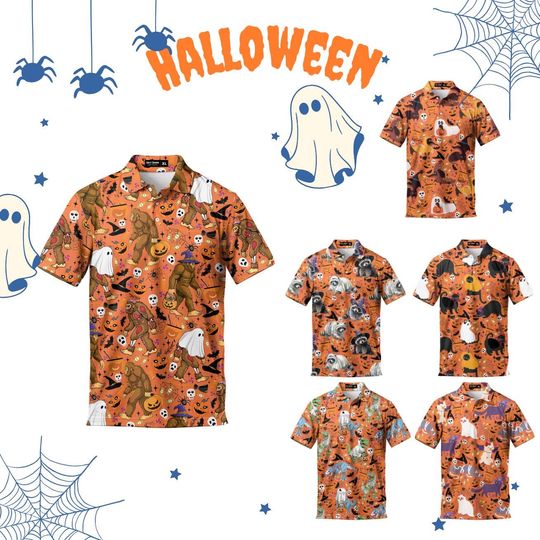 Bigfoot Raccoon Dinosaur Halloween Pattern Polo Shirts For Men Pumpkin Witch Black Cat Spooky Dachshund Golf Polos Button Up Shirt