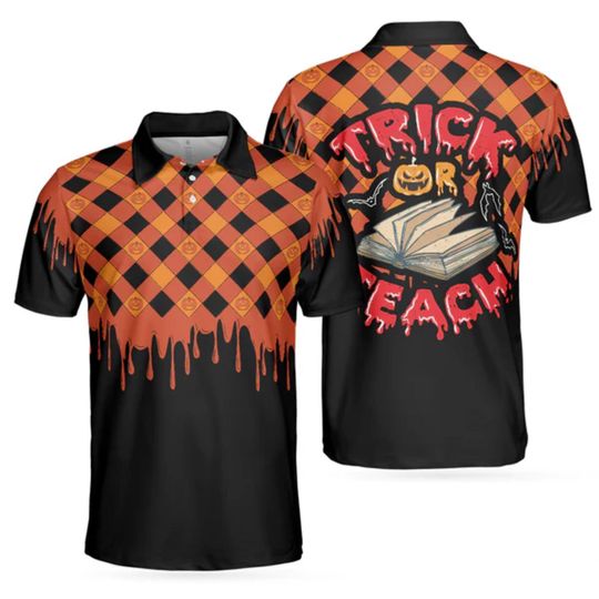 Discover Trick Or Teach Halloween Polo: Spooky Teacher Costume, Plaid Pumpkin Design