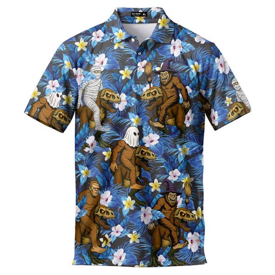 Bigfoot Riding Dinosaur Halloween Shirt Halloween Polo Shirt Men Vintage Halloween Shirt Men Polos for Men