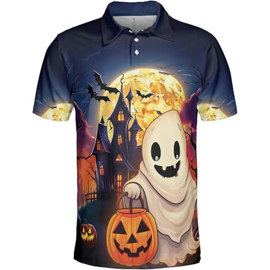 Discover Cute Ghost Halloween Polo Shirt For Men Women Trick Or Treat Costume With Pumpkin Haunted House Cartoon Print Spooky Outfit