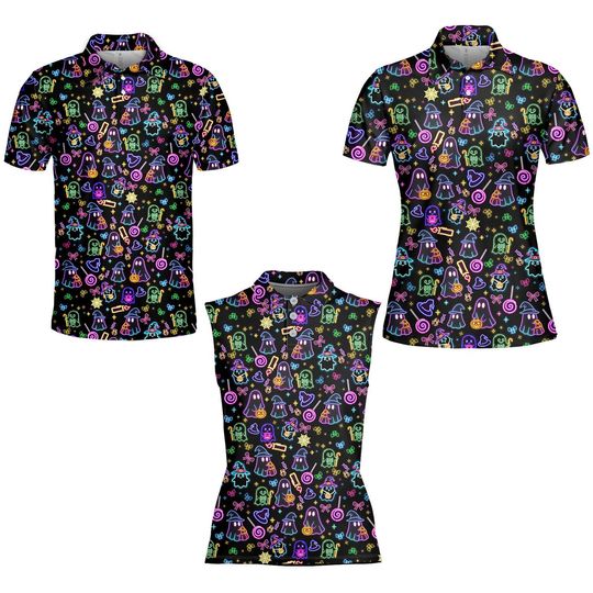 Neon Halloween Polo Shirt for Men Women, Funny Ghost Witch Candy Golf Shirt, Colorful Glow-In-The-Dark Polo for Spooky Season