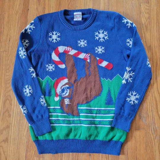 Sloth Holiday Large Sweater Ugly Christmas Xmas Blue Candy Cane Snowflakes 2019