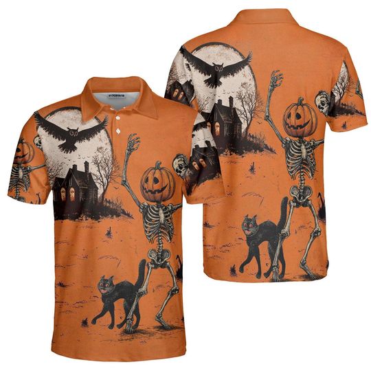 Retro Pumpkin Skeleton Black Cat Halloween Polo Shirt, Haunted House Full Moon Scene, Unisex All Over Print Shirt, Costume Party Gift