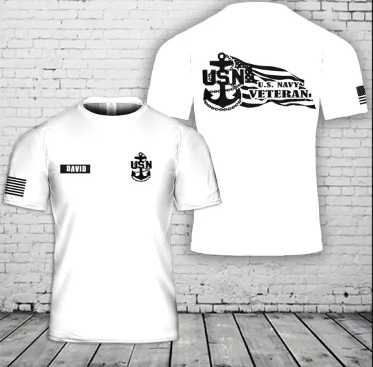 Custom Name US Navy Chief Anchor Veteran with American Flag AOP 3D T-Shirt