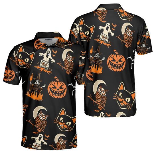 Discover Vintage Halloween Polo Shirt: Spooky Retro Print - Black Cat, Pumpkin, Ghost