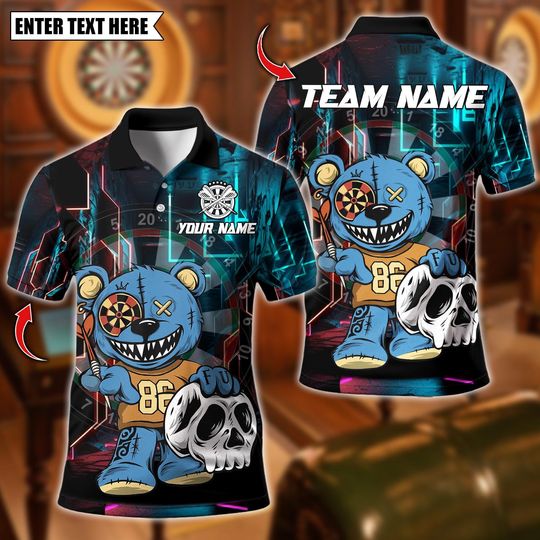 Discover Personalized Name Dart Polo Shirt, Halloween Bear With Dartboard Design ,Custom Team Shirt for Men, Gift for Darts Players