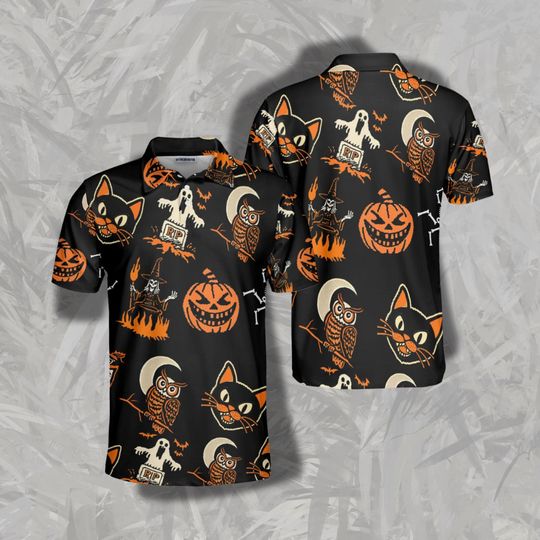 Discover Halloween Black Cat Pumpkin Ghost Polo Shirt Spooky Party Outfit