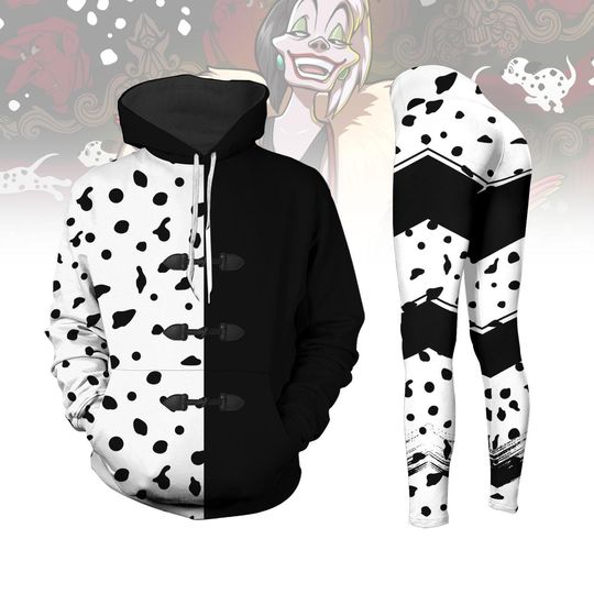 Discover Cruella de Vil Cosplay Hoodie, Disney Villian Women Leggings, Dalmatian Halloween Outfits, Black White Outfit for Costume, Gift For Her