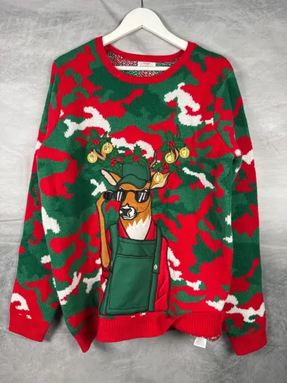 Discover Ugly Christmas Sweater, Holiday Time, Large (42-44), Rudolf with sunglasses
