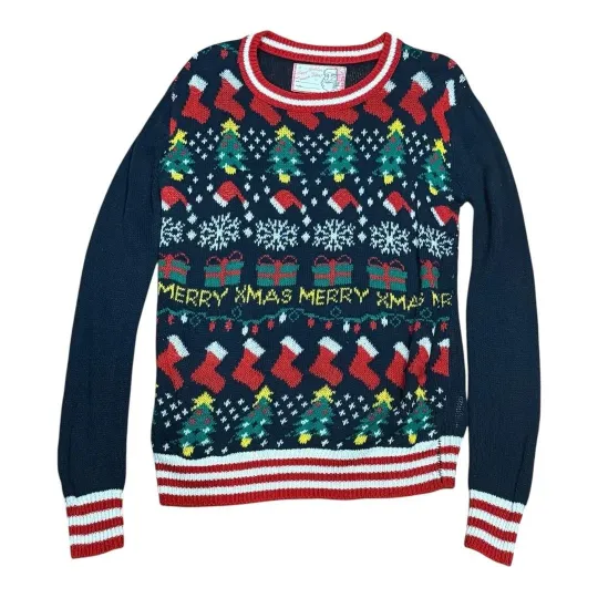 Discover Ugly Christmas Sweater Womens Small Festive Xmas Trees Stockings Pullover