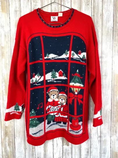 NUTCRACKER Ugly Christmas Sweater Bear Couple Window Scene Jumper L VINTAGE