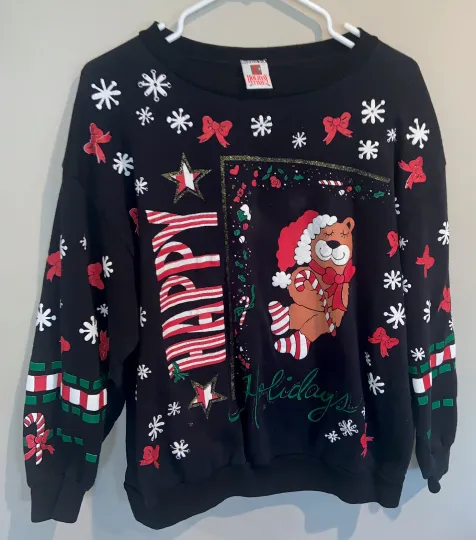 Vintage Holiday Time NOT So Ugly Christmas Sweater Sweatshirt Santa USA Made L🔥