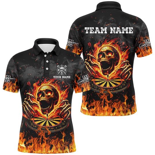 Discover Skull Fire Dart Shirt for Men with Custom Name and Team, Flaming Dartboard Polo, Halloween Dart Jersey, Cool Dart Player Gift