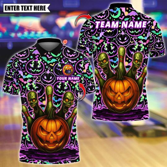 Custom Bowling Polo Shirt, Halloween Pumpkin Zombie Pins Design, Personalized Bowling Polo for Men & Women,Personalized Name Team 3D Shirt