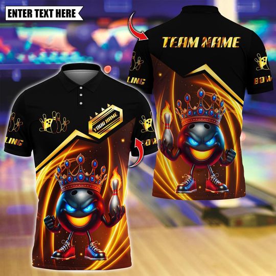 Discover Custom Bowling Polo Shirt, Crown Flame Ball Black Gold Design, Personalized Bowling Polo for Men Women, Personalized Name Team 3D Shirt