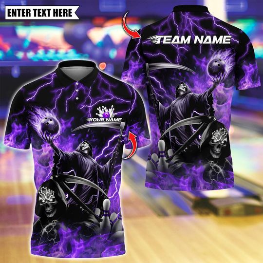 Discover Custom Bowling Polo Shirt, Grim Reaper Skull With Flame Bowling  Design, Personalized Bowling Polo for Men, Personalized Name Team 3D Shirt