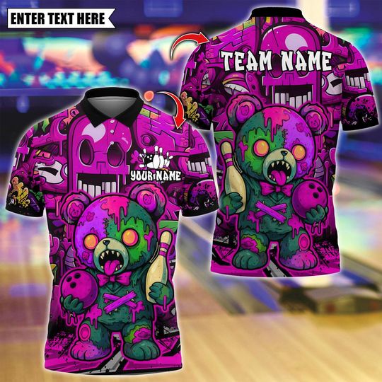 Discover Custom Bowling Polo Shirt, Halloween Bear With Bowling Design, Personalized Bowling Polo for Men Women, Personalized Name Team 3D Shirt
