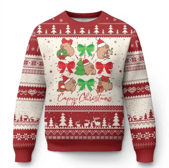 Discover Funny Capybara Xmas Ugly Christmas Sweater Cute Capy Coquette Bow