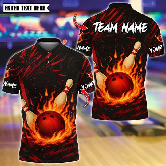 Discover Custom Bowling Polo Shirt, Flame Bowling Design, Personalized Bowling Polo for Men Women, Personalized Name Team 3D Shirt