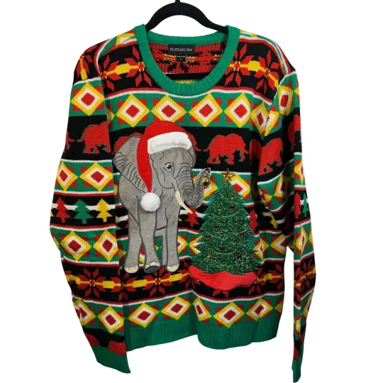 Knit Ugly Christmas Sweater Womens SZ L Elephant Graphic Festive Holiday Party