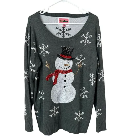 Tipsy Elves Sequined Snowman Christmas Sweater Womens L Gray Snowflakes Pullover