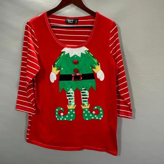 Onque Casual Sweater Womens Medium Ugly Christmas Xmas Red Stripe Elk Embellish