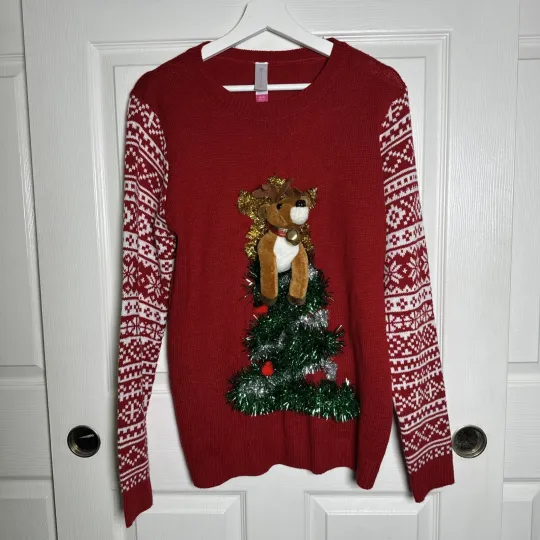 Ugly Christmas Sweater Juniors Womens 3D Pop Out Reindeer Tinsel Bell  Medium...