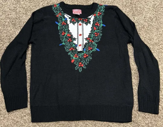JEM Holiday Sweater Black Ugly Christmas Tuxedo Wreath Women’s Size XL A28