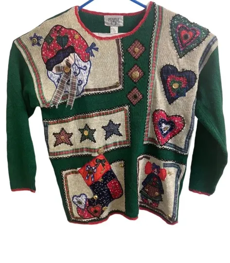 Vintage Women’s Cervelle Ugly Christmas Sweater Buttons Sew Knit LARGE