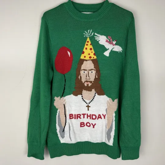 TIPSY ELVES BIRTHDAY BOY Jesus Ugly Christmas Sweater Green Size Large