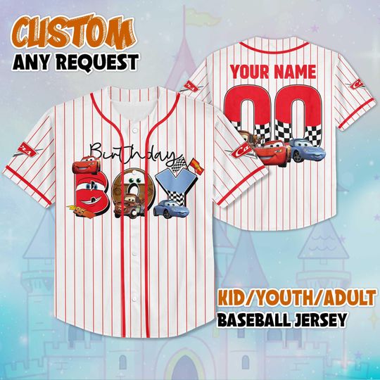 Discover Personalized Disney Cars Birthday Boy Baseball Jersey, Custom Lightning McQueen Jersey Shirt, Pixar Cars Team Outfit
