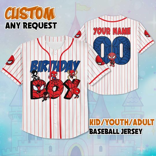 Discover Personalized Spidey Birthday Boy Baseball Jersey, Custom Spider-Man Birthday Jersey Shirt, Spidey Team Outfit, Gamer Gift for Fans