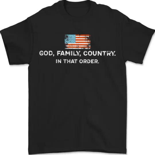 God Family Country Retro T-Shirt with American Flag Design