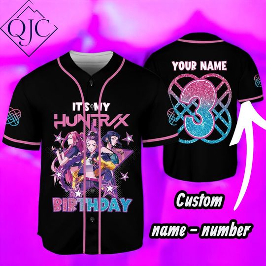 Huntrix Birthday Baseball Jersey, Custom Name Age Shirt, Anime Fandom Birthday Outfit, Personalized Jersey for Kids & Adults