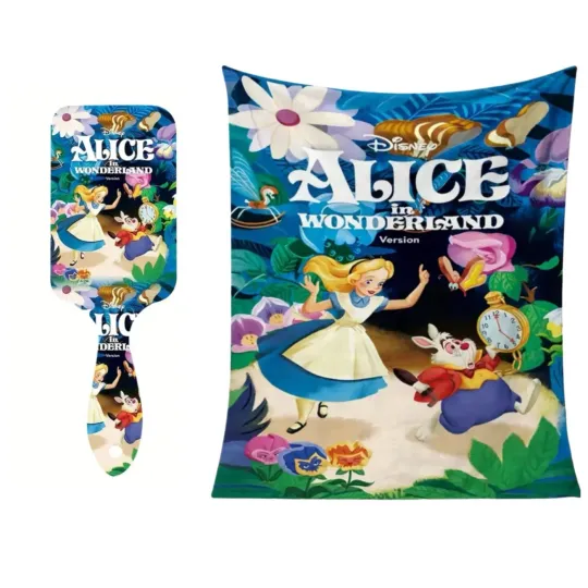 Discover New 2pc Disney Alice In Wonderland Flannel Throw Blanket & Hairbrush