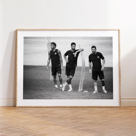Lionel Messi & Neymar Barcelona Footballers Poster, Black and White Wall Art, Soccer Photograph Print, Sports Bedroom Decor