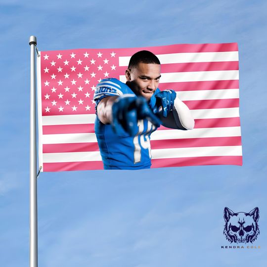 Amon-Ra St. Brown Pink Flag Tapestry  football Fan Wall Art | Detroit Lions Football Decor | Pink Americana Sports Poster | Game Day Gift